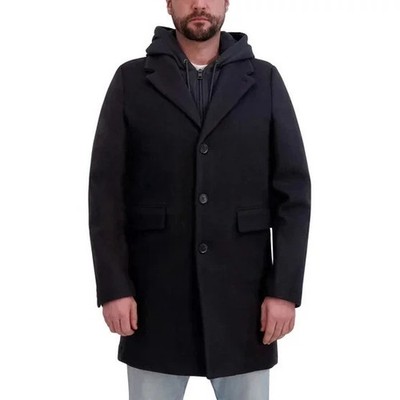 DKNY Men's Faux Wool Heavyweight Bib Front Zipper Button Coat