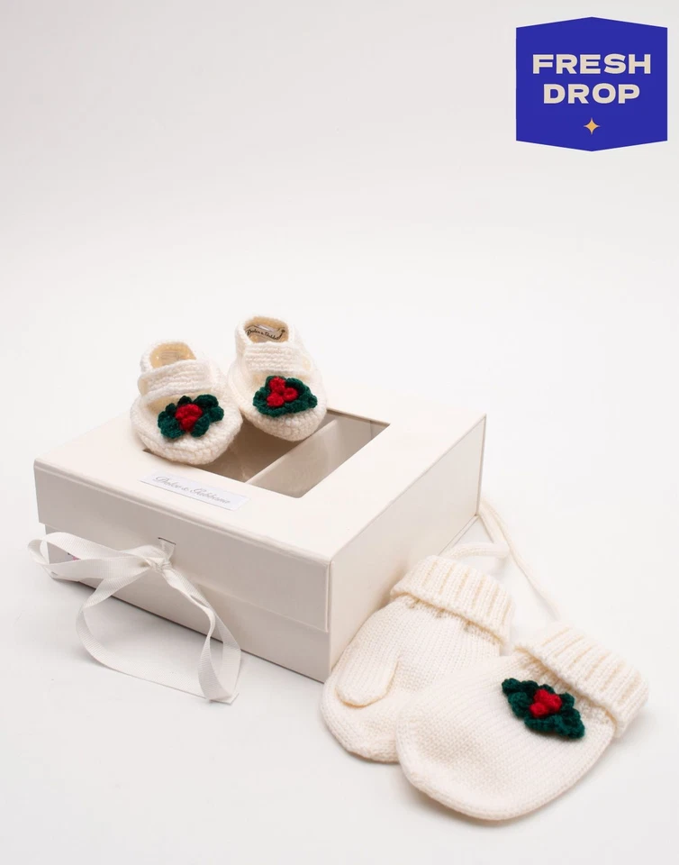 UVP 253€ DOLCE & GABBANA Baby Wolle Mary Jane Stiefeletten & Fäustlinge Set Größe 2/6-9M