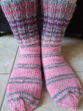 Hand knitted 100 wool/mohair socks, light pink with gray, sizes 7-9