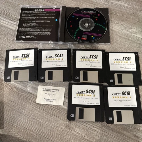 Lot! COREL SCSI Version 2 DOS/Windows on 3.5” Disks & COREL DRAW! on CD MINDSET!