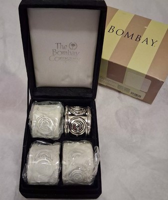 Bombay Company Set Of 4 Silverplated Art Deco Napkin Rings Velvet Storage Box