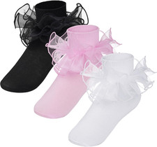 3 Pairs Toddler Girls Ruffle Socks Frilly Big Ruffle Cotton Socks