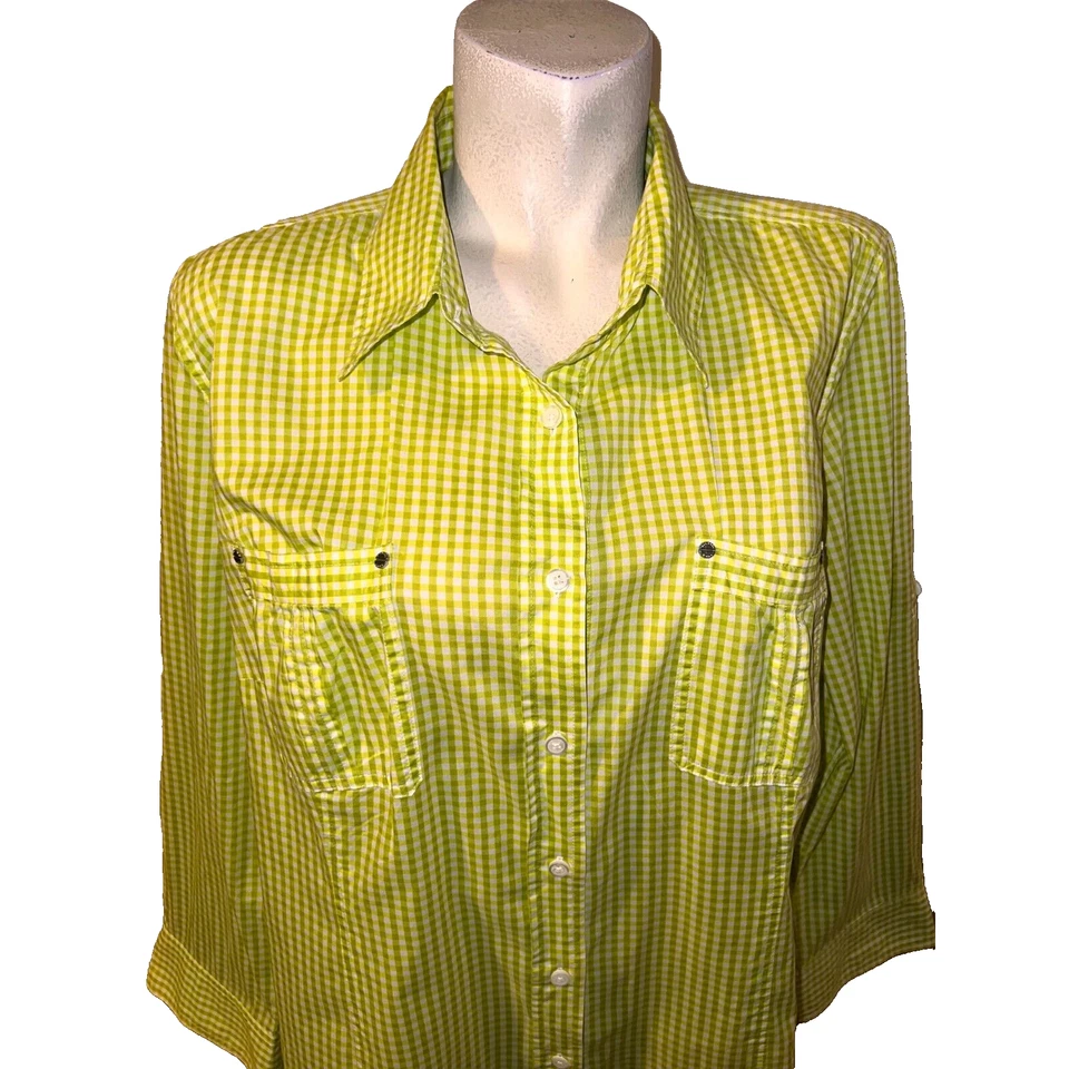 Blusa Camisa Michael Kors Top Talla Grande 2X Verde Lima Cuello Botón Pestaña Enrollable LS Foto 2 de 4
