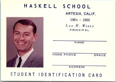 1965 Haskell School Artesia CA ID Card Lee H Wintz Principal Vintage Photo Card