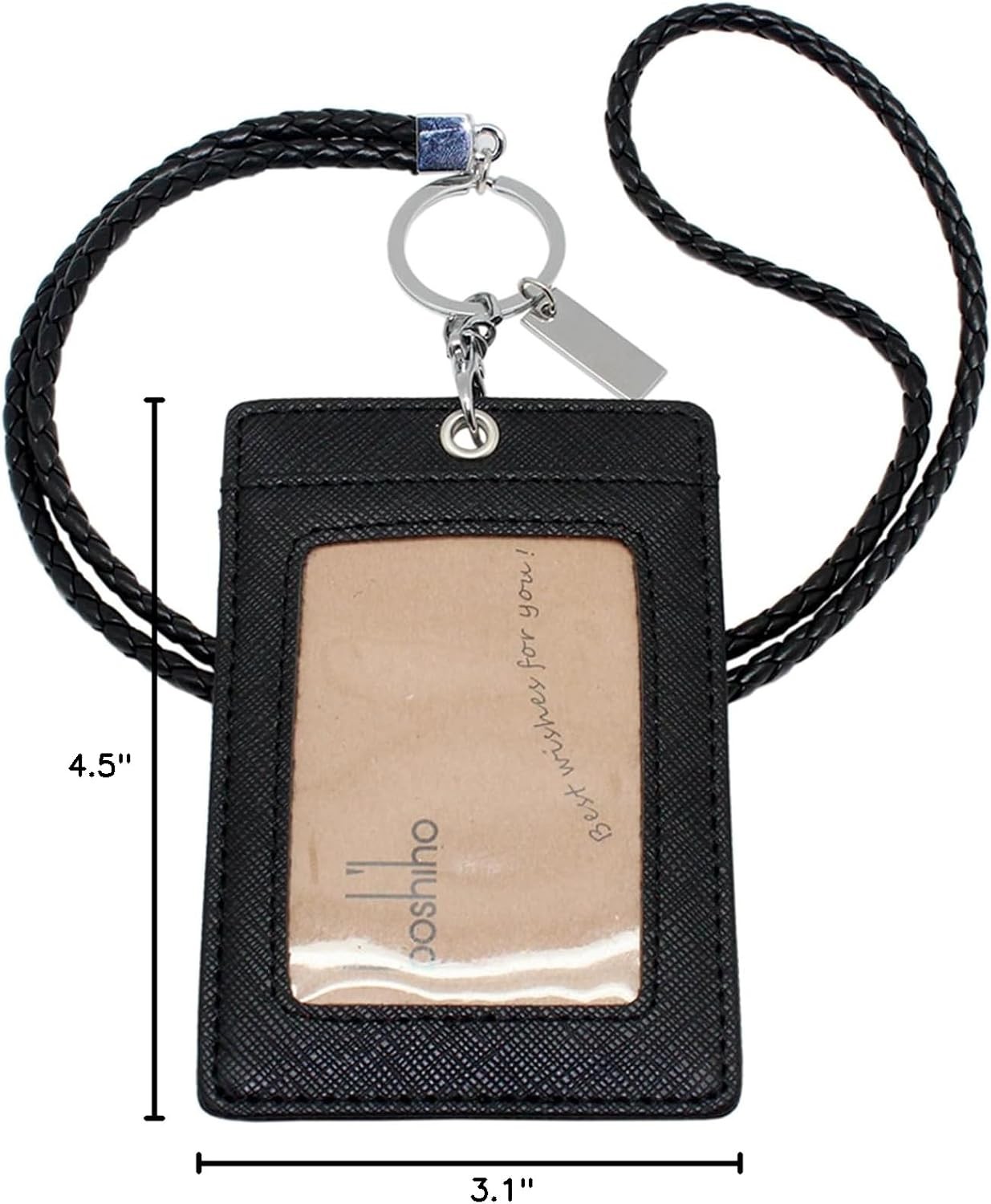 Boshiho Vertical Style Leather ID Card 4.5 x 3.1 inch, Black With Keychain 