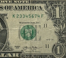 Six Digit Ascending Ladder Fancy Serial Number One Dollar Bill K23345674F FW