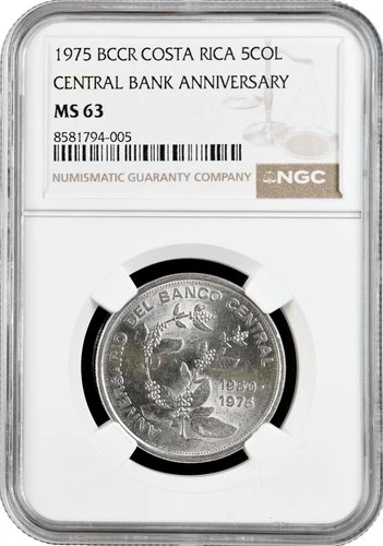 Costa Rica 5 colones 1975, NGC MS63, "25th Anniversary - Central Bank"