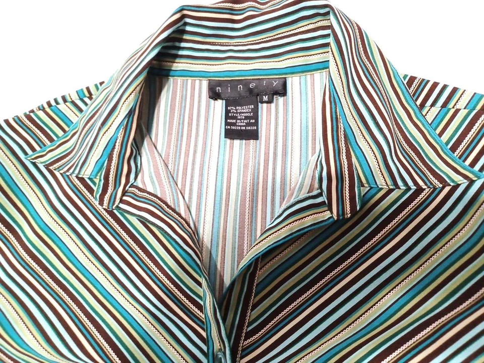 Blusa Ninety Mujer Rayas Talla M Top Verde Marrón Botón Manga Larga Elastizada Foto 4 de 4