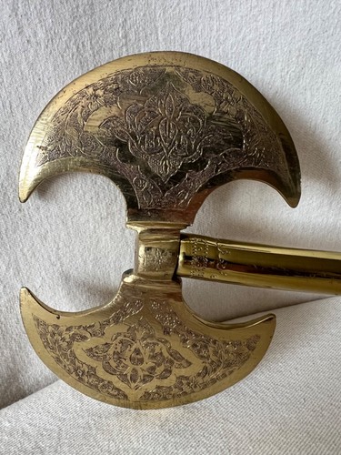 Vintage Ornate Decorative Etched Brass Battle Axe 24" For Display - Picture 7 of 15