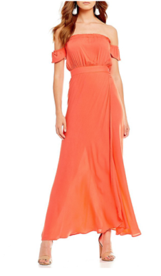 flynn skye bella maxi dress Flynn Skye Peach Bella Maxi Dress Women's Slit Off Shoulder Rayon Size L NWT