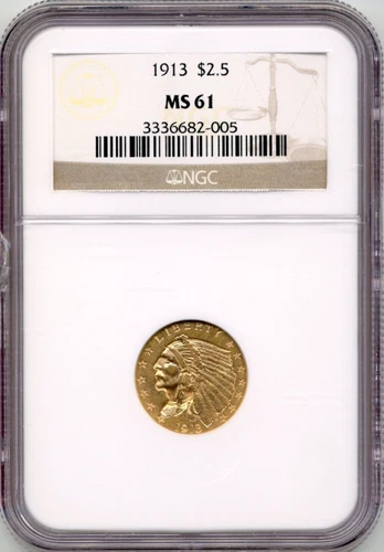 1913 US Indian Head Quarter Eagle ($2.50) Gold Coin - NGC MS61