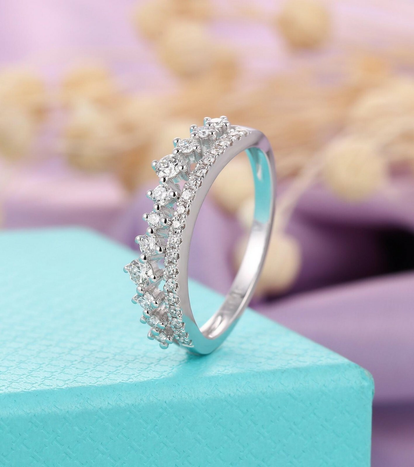 1.2ct Round Moissanite Princess Crown Tiara Engagement Ring in White Gold Plated-image