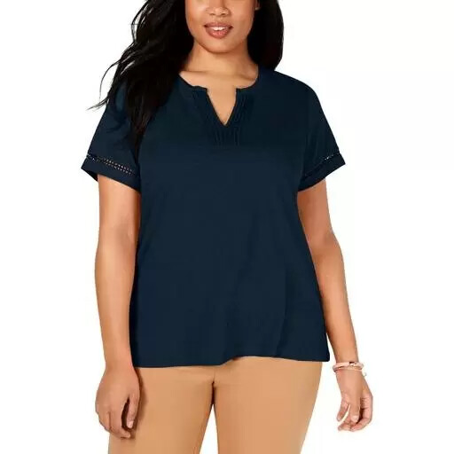 Charter Club Women's Plus Size Crochet Trim Cotton Casual Top 1X, Blue