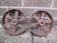 PAIR OF VINTAGE ANTIQUE SHEPHERDS HUT STATIONARY ENGINE CAST IRON TROLLEY WHEELS