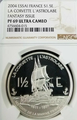 2004 FRANCE SILVER 1.5 EURO LA CORVETTE ANTARTIC TERRITORY NGC PF 69 ULTRA CAMEO