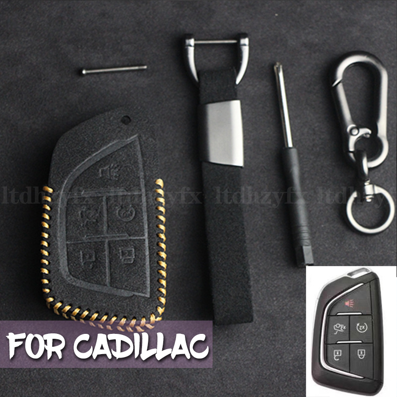 Suede Leather Remote Start Car Key Fob Cover Case Shell For Cadi
