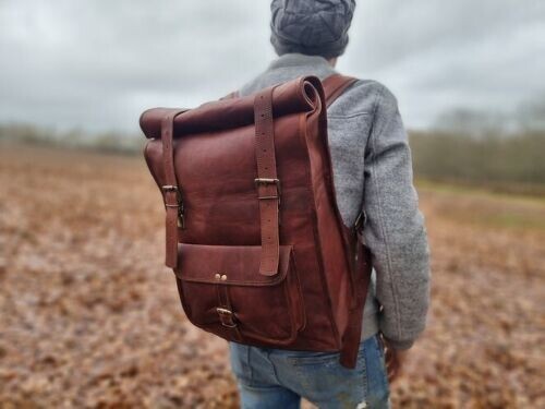 backpack designed for carry on luggage fold top leather Bag Leather Backpack Roll Top Rucksack Travel Genuine New Rolling Men Brown