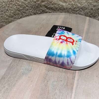 Boston Red Sox ISlide Mens Team Rainbow Tie-Dye Motto Slide Sandals Size 11  12