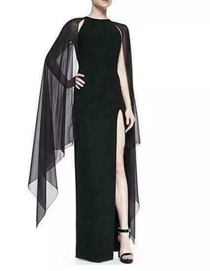 Cape sleeve high slit plain chiffon maxi dress clearance