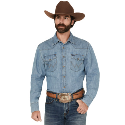 Wrangler Men's Light Wash Denim Snap Button Down Shirt 112361699