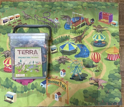 Battat Age 3+ Terra 60 Pieces Prehistoric World Dinosaurs Toy Bucket w/ Play Mat