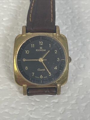 Men s EDOX Vintage Quartz WATCH Square Women s Leather Brown Gold Case New Batt.