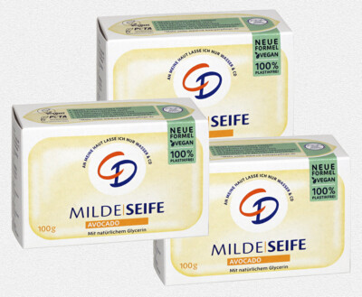   3 x 100 g CD MILDE SEIFE   AVOCADO   FEUCHTIGKEITSSPENDER GLYCERIN   300 g  