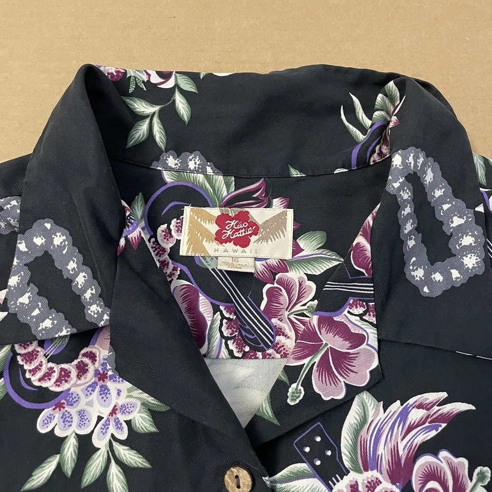 Camisa de seda Hilo Hattie para mujer 16 flores de campamento negras abotonadas Hawaii damas Foto 3 de 4