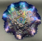 NORTHWOOD Blue Carnival Glass GOOD LUCK Ruffled Bowl Damaged