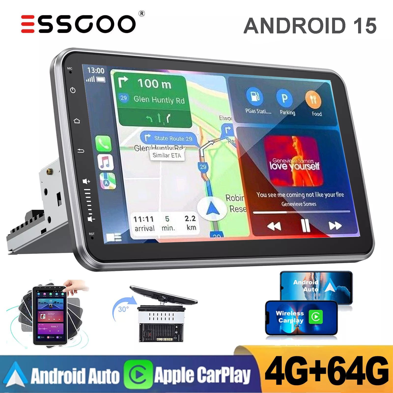 Rotatable 10.1” Android 15 Touch Screen Car Stereo Radio GPS Wifi Single 1 DIN