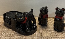Vtg MCM 7pc Black Cat Ashtrays & Salt Pepper Shaker Set Japan Redware Shafford ?
