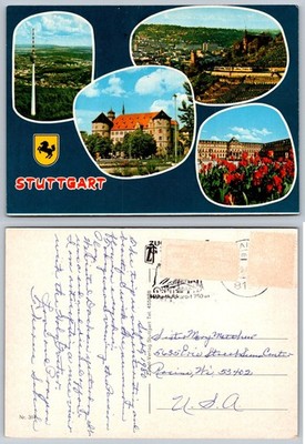 Stuttgart Germany TV Tower Neues Schloss Multi-View Chrome Postcard 1981