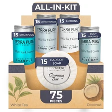 White Tea & Coconut Toiletries Set | 1-Shoppe Amenities Kit | 1Oz Liquids, 1.25O