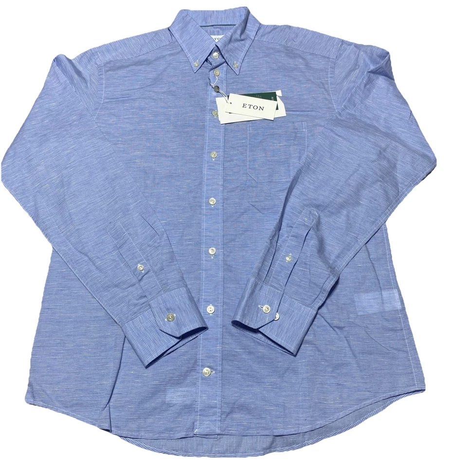 Camisa de Vestir Eton Verde Para Hombre Grande Ajustada Azul Mezcla de Lino Negocios Informal Nueva Foto 3 de 4