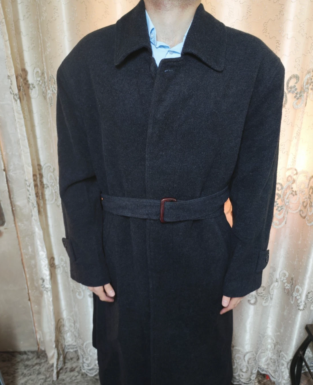 Vintage Henry Morell wool blend classic charcoal belted long over coat 48R XL