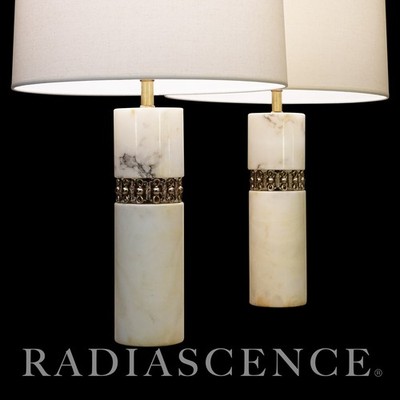 PAIR HOLLYWOOD REGENCY MODERN BRASS MARBLE COLUMN TABLE LAMP ROBSJOHN GIBBINGS