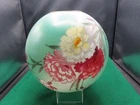 ANTIQUE HAND DECORATED FLOWERS W/ GREEN 9-1/2" DIA. MILK GLASS SHADE 4" FITTER