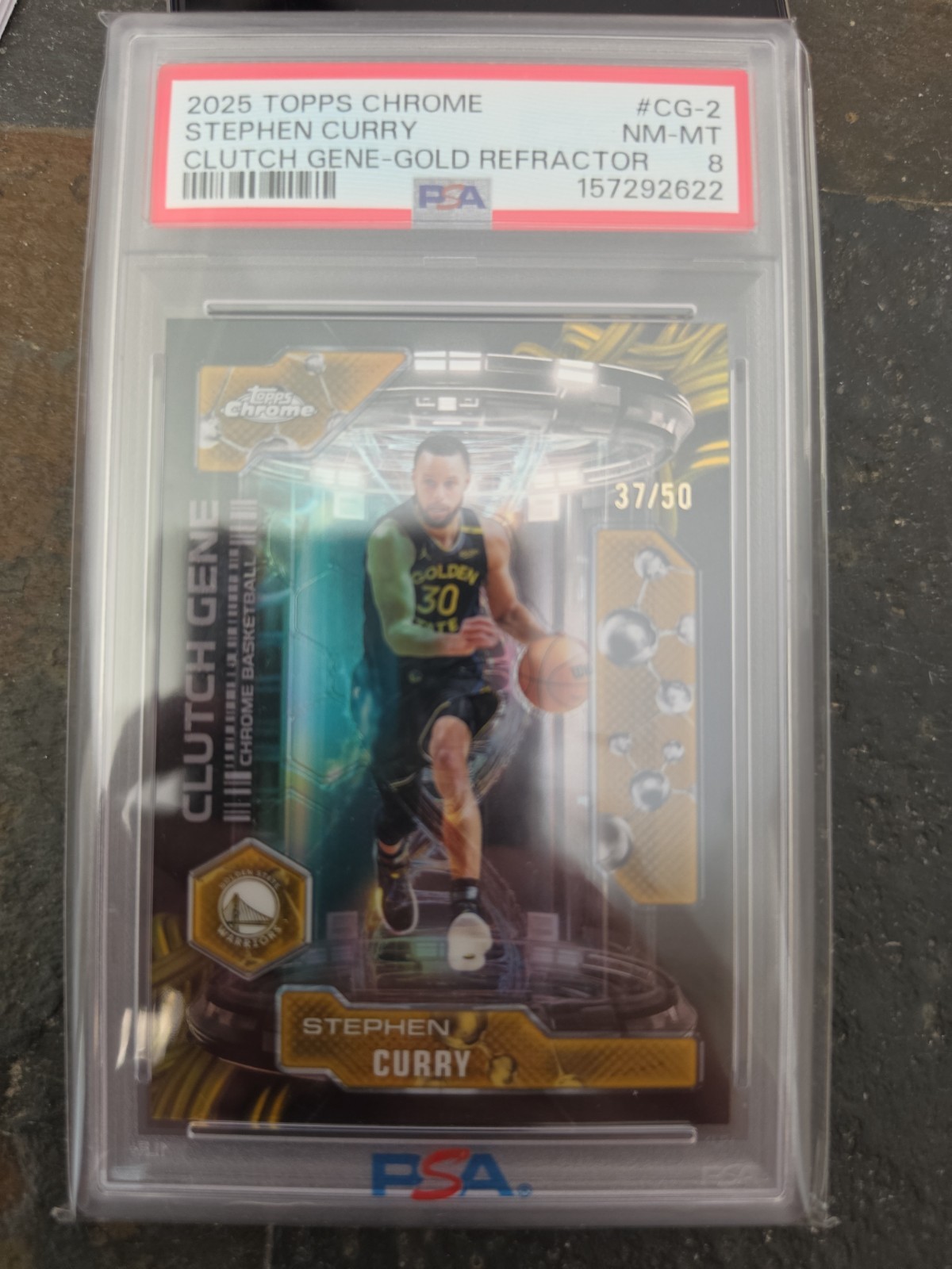2025 Topps Chrome Clutch Gene Stephen Curry  Gold Geometric /50 PSA-8