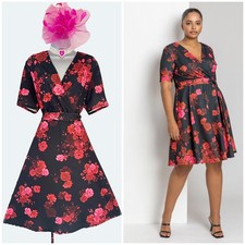 Roman black multi floral occasion a-line midi dress size 18