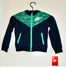 NWT Nike Little Boy's Navy Blue  Green Logo LS Hooded Windbreaker Jacket sz 4