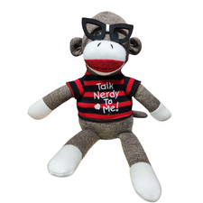 Large Sock Monkey 24” W/ Glasses & Shirt W/Talk Nerdy Heart on Shirt - GOOD