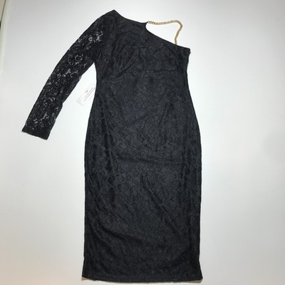 NWT AX Paris Womens Black Lace One Shoulder Dress With Chain Detail Midi Size 12