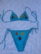 Vintage 00s Style Triangle Top Blue Embroidered Bikini Set French Style Size 44