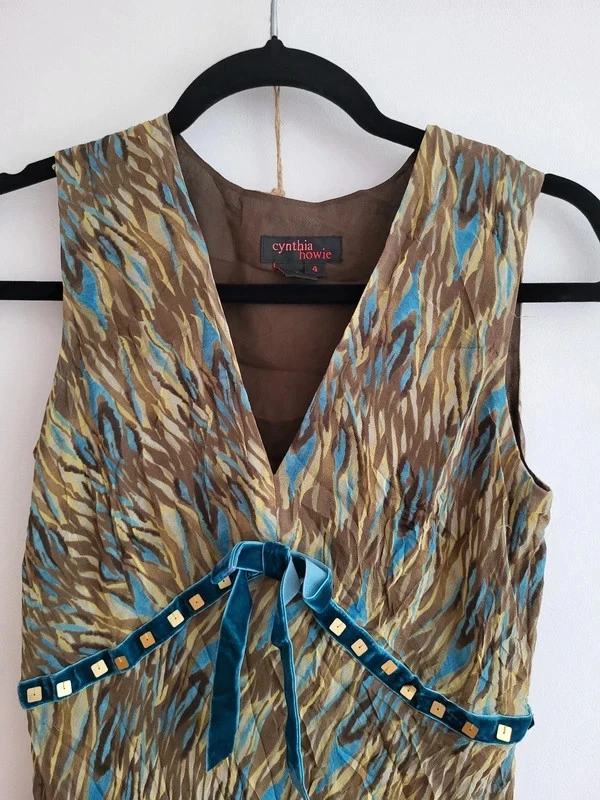 Cynthia Howie Silk Maxi Dress Green & Blue Ribbons Sequins Y2K Retro Flare - Image 2 of 4