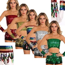 Womens Sets Stage Dancewear Performances Outfit Wristbands Disco Fringe Dance