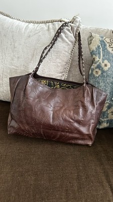 Brown Embossed Shoulder Bag Floral Pattern Zip Bohemian Inner Pockets