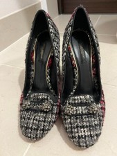 DOLCE＆GABBANA D&G Tweed Thick Heel Jeweled Pumps 38 Black Red Checked Used