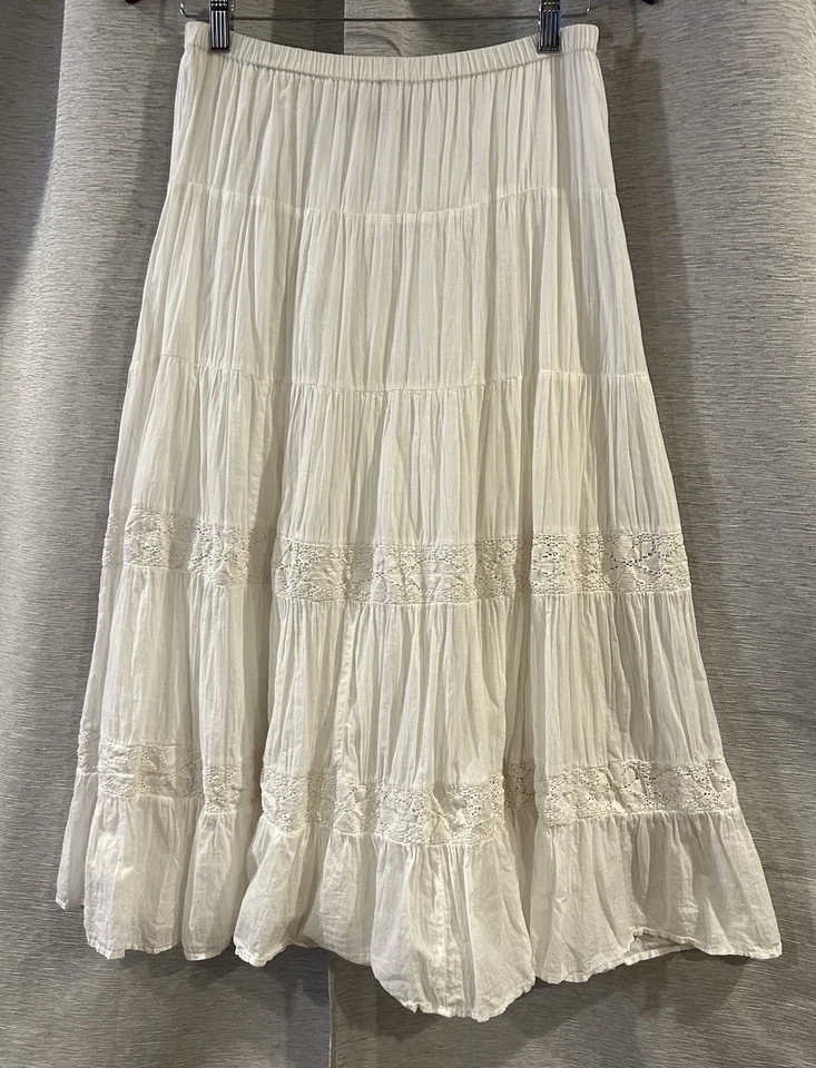 Chico’s Women’s White Lace Tiered Maxi Boho Peasant Skirt Ruffle Crochet Size 0 - Image 2 of 4