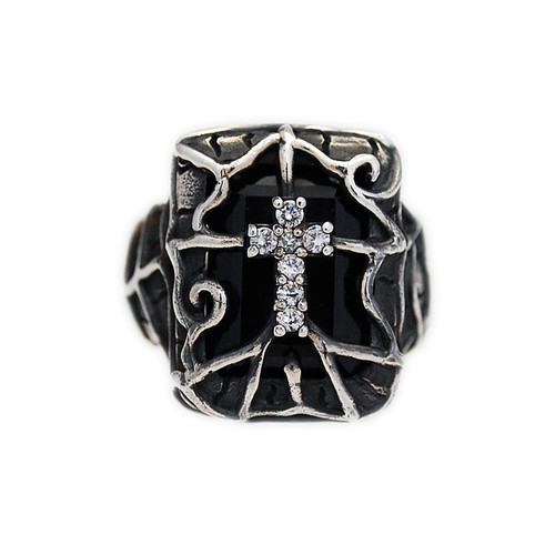 WHITE CZ CROSS & BLACK ONYX 925 STERLING SILVER GOTHIC ROCK BIKER RING sa-r1blk - Picture 2 of 10