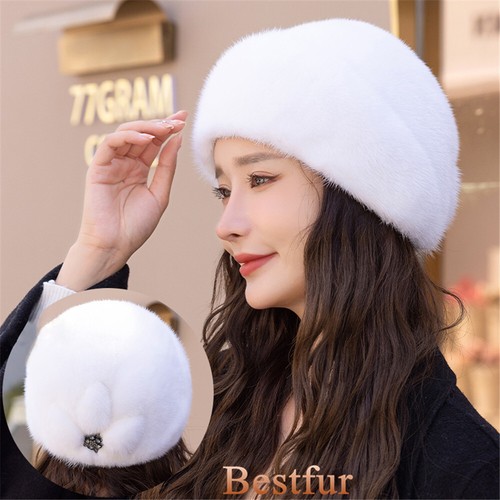 Women's Real Whole Full Mink Fur Hat Bowler Hat Warm Top Hat Beret Outdoor Cap - Picture 15 of 24
